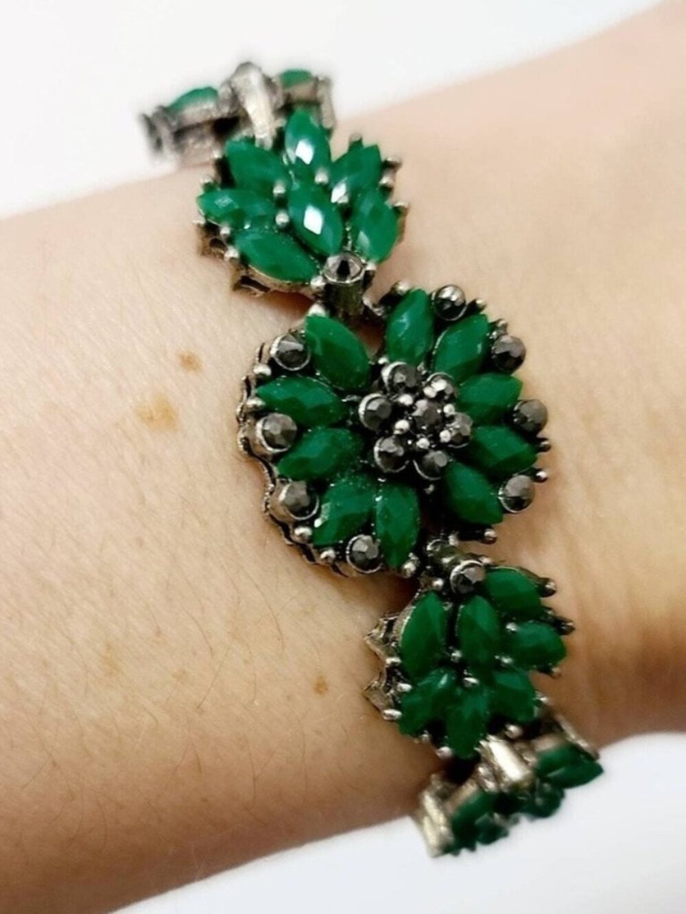 Vintage Green Glass and Marcasite Bracelet
